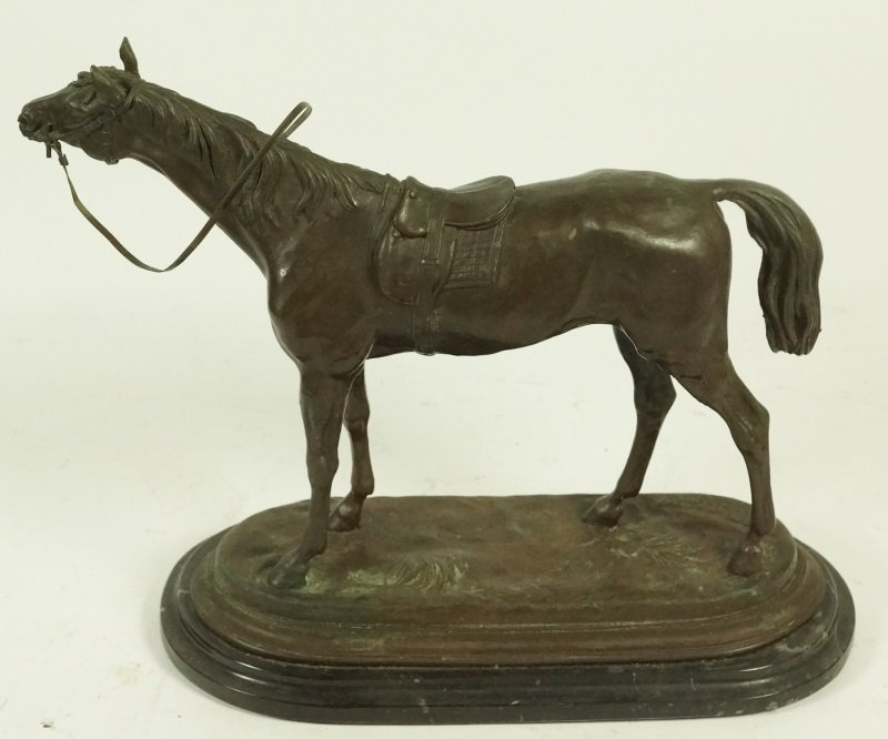 JULES MOIGNIEZ "HORSE WITH SADDLE" BRONZE: JULES MOIGNIEZ "HORSE WITH SADDLE" BRONZE STAMPED SIGNATURE ON THE BASE "J.MOIGNIEZ" MOUNTED ON A WHITE VEINED BLACK MARBLE BASE. Height: 12 in. by Width: 15 in. by Depth: 7 in.