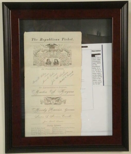 J. BLAINE & J. LOGAN 1884 PRESIDENTIAL BALLOT: J. BLAINE & J. LOGAN 1884 PRESIDENTIAL BALLOT FOR THE REPUBLICAN PARTY. THE PAPER BALLOT MEASURES 12 3/4 & 6 1/2. Height: 17 & 12 in. by Width: 14 & 6 1/2 in.