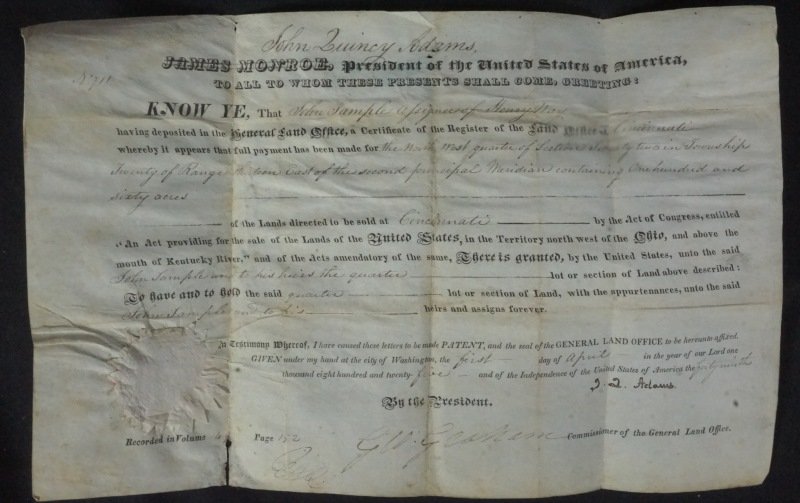 JOHN QUINCY ADAMS AUTOGRAPHED LAND DOCUMENT: JOHN QUINCY ADAMS AUTOGRAPHED LAND DOCUMENT, DATED APRIL 1st, 1825. Height: 9 in. by Width: 13.5 in.