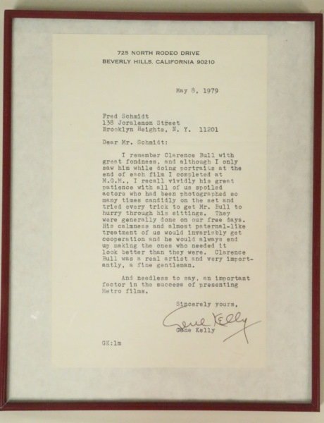 SIGNED GENE KELLY LETTER TO FRED SCHMIDT: FRAMED SIGNED GENE KELLY LETTER TO FRED SCHMIDT. Height: 8 1/2 in. by Width: 5 1/2 in.
