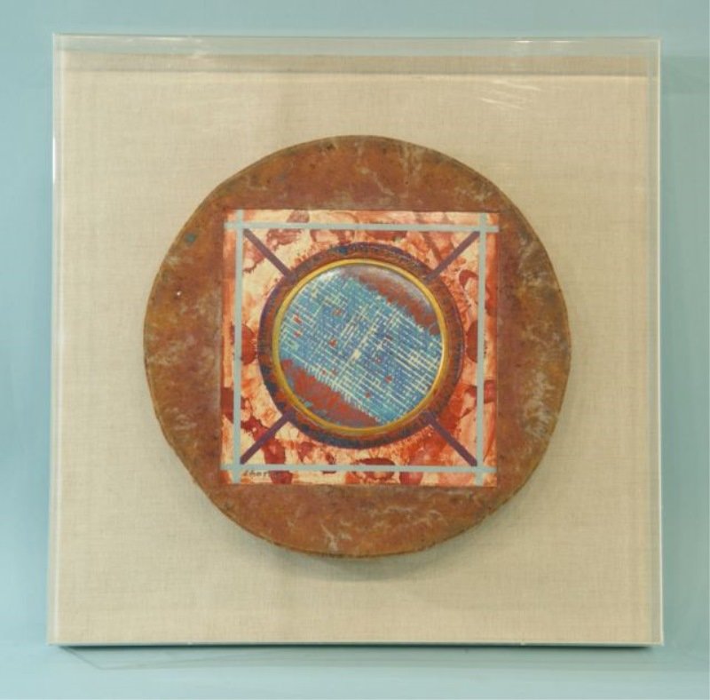 BUNNY LHOTKA "ROUND TILE" CAST PAPER: BUNNY LHOTKA "ROUND TILE" CAST PAPER ON MIXED MEDIA IN LUCITE SHADOW BOX. Height: 22 in. by Width: 22 in. by Depth: 4 in.