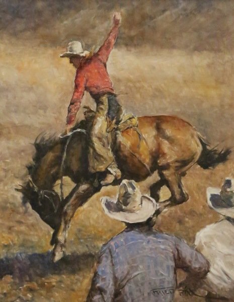 PAL FRIED "COWBOY ON BUCKING HORSE": PAL FRIED "COWBOY ON BUCKING HORSE" OIL ON CANVAS. Height: 37 & 29 in. by Width: 31 & 23 in.