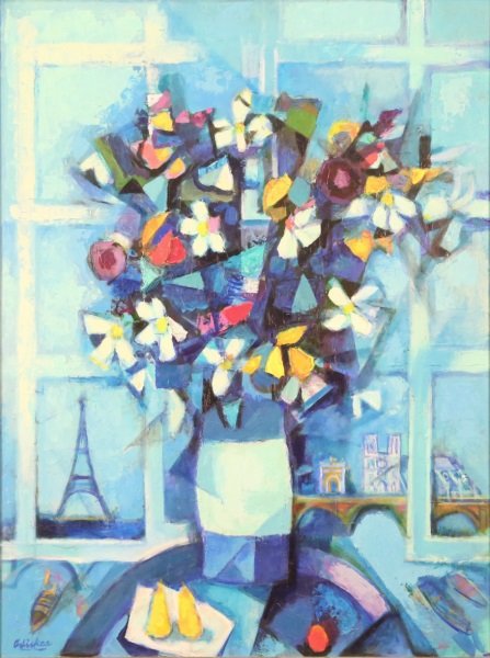 DAVID ADICKES "BLUE BOUQUET" ACRYLIC: DAVID ADICKES "BLUE BOUQUET" PARIS 200. ACRYLIC ON BOARD. Height: 46 & 39 1/2 in. by Width: 36 & 29 1/2 in.
