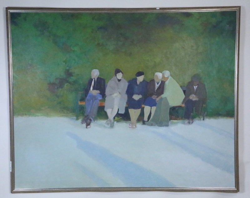 P. BERGEN. OIL ON CANVAS - PARK BENCH SCENE (1 of 2)
