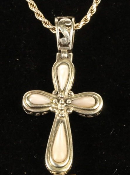 "925" STERLING & MOTHER OF PEARL CROSS PENDANT: A STAMPED "925" STERLING SILVER AND MOTHER OF PEARL CROSS PENDANT AND CHAIN. STAMPED "925" 18" ROPE CHAIN. 15.0 GRAMS TOTAL WEIGHT. Cross=1 1/4" high by 7/8" wide.