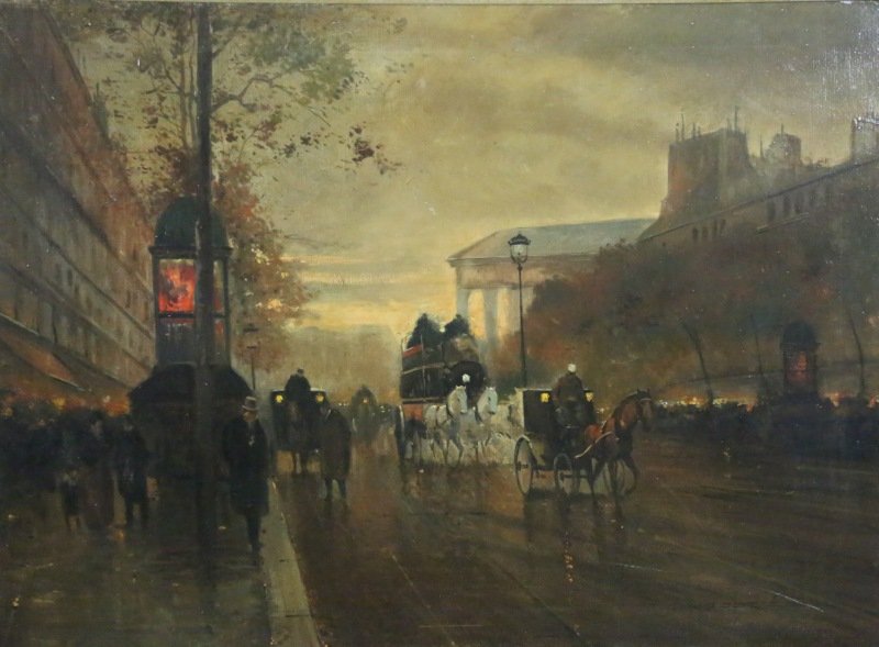 EDOUARD CORTES "PARISIAN STREET SCENE" OIL/CANVAS: EDOUARD LEON CORTES (FRENCH, 1882-1969) "PARISIAN STREET SCENE" OIL ON CANVAS. PROVENANCE: PURCHASED IN 1980, COUNTRY STORE GALLERY AUSTIN, TEXAS. Height: 35 & 23 in. by Width: 43 & 31 1/2 in.