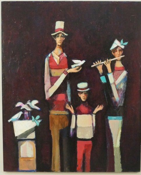 DAVID ADICKES "THREE MEN WITH BIRDS" ACRYLIC, 2011: DAVID ADICKES "THREE MEN WITH BIRDS" ACRYLIC ON CANVAS, 2011. Height: 48 in. by Width: 39 in.