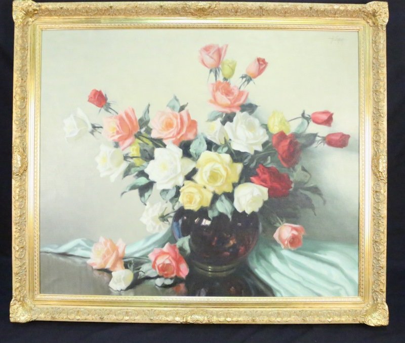A. D. GREER "FLORAL STILL LIFE" OIL ON CANVAS: A. D. GREER "FLORAL STILL LIFE" OIL ON CANVAS. Height: 36 & 29 1/2 in. by Width: 41 1/2 & 35 1/2 in.