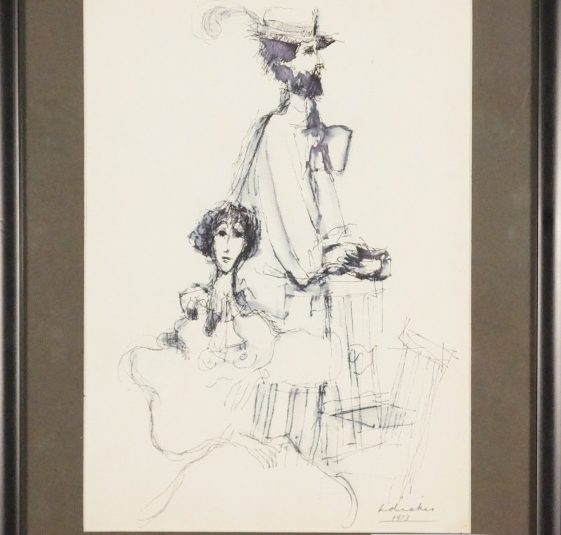DAVID ADICKES "COUPLE" INK & WATERCOLOR DRAWING, 1973: DAVID ADICKES "COUPLE" INK & WATERCOLOR, 1973. Height: 15 and 11 in. by Width: 12 and 8 in.