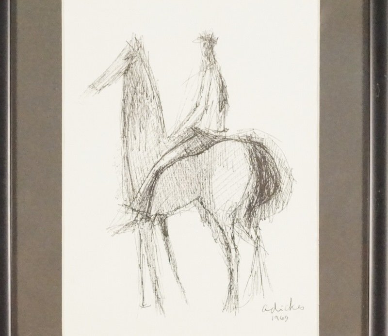 DAVID ADICKES "MAN ON HORSEBACK" INK DRAWING, 1969: DAVID ADICKES "MAN ON HORSEBACK" INK DRAWING, 1969. Height: 10 3/4 and 7 1/2 in. by Width: 8 3/4 and 5 1/2 in.