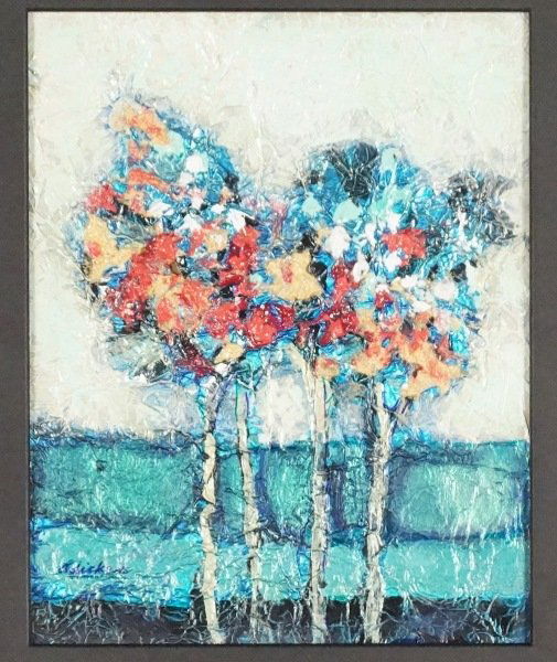 DAVID ADICKES "TREES" ACRYLIC ON FOIL, 2014: DAVID ADICKES "TREES" ACRYLIC ON FOIL ON PANEL, 2014. Height: 13 and 9 3/4 in. by Width: 11 and 7 1/2 in.