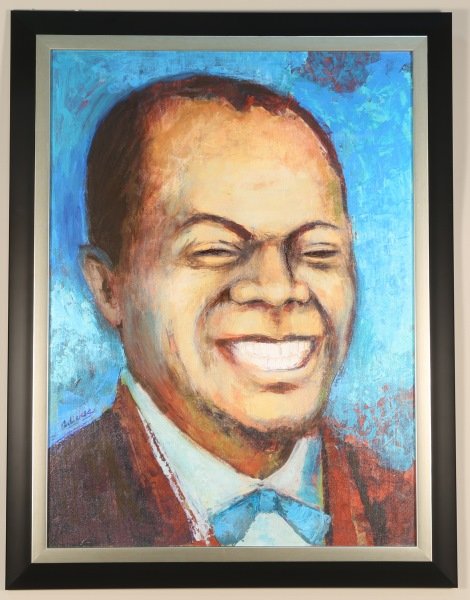 DAVID ADICKES "LOUIS ARMSTRONG" ENHANCED GICLEE: DAVID ADICKES "LOUIS ARMSTRONG" ENHANCED GICLEE ON PANEL. Height: 35 and 29 1/2 in. by Width: 26 1/2 and 21 1/2 in.