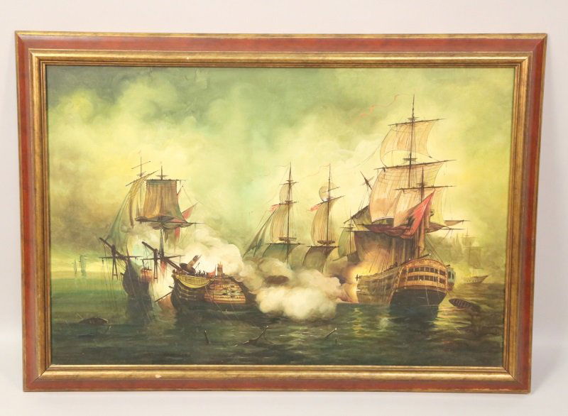 OIL ON CANVAS VINTAGE BATTLESHIP SCENE PAINTING (1 of 2)