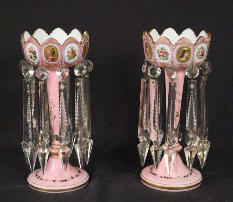 PAIR OF FRENCH 1800's ROSE CUT TO WHITE LUSTER LAMPS (1 of 3)