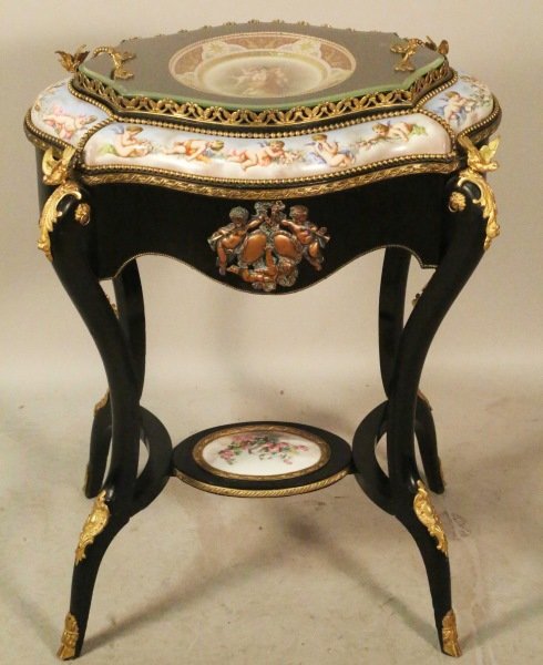 CIRCA 1824 ROYAL VIENNA SEVRES WINE COOLER TABLE: CIRCA 1824 ROYAL VIENNA SEVRES MOUNTED WINE COOLER TABLE WITH REMOVABLE TRAY. Height: 32 in. by Width: 22 in. by Depth: 16 in.