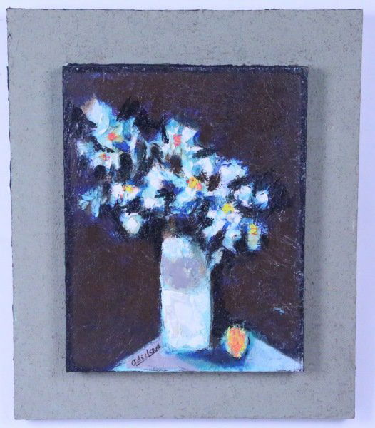 DAVID ADICKES "BOUQUET AGAINST BROWN" ACRYLIC: DAVID ADICKES "BOUQUET AGAINST BROWN" ACRYLIC ON PANEL. Height: 19 and 14 in. by Width: 16 and 11 in.