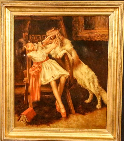 HENRY OSSAWA TANNER "VICTORIAN GIRL AND DOG" OIL (1 of 2)