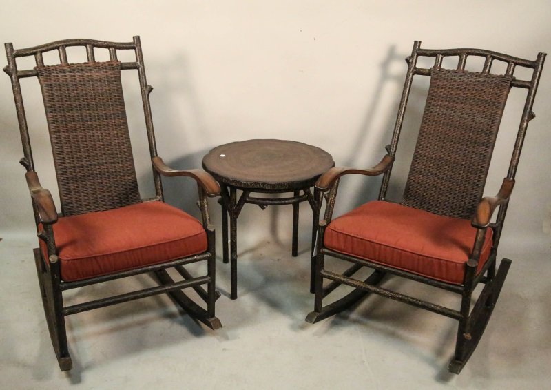 PAIR OF FAUX GRAIN ROCKING CHAIRS & SIDE TABLE: PAIR OF FAUX GRAIN ROCKING CHAIRS & SIDE TABLE. Height: 22 in. by Width: 22 in. by Depth: 22 in.