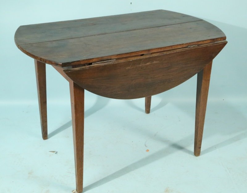 19th CENTURY ENGLISH OAK DROP LEAF TABLE: 19th CENTURY ENGLISH OAK DROP LEAF TABLE. Height: 28 in. by Width: 43 in. by Depth: 24 & 42 in.