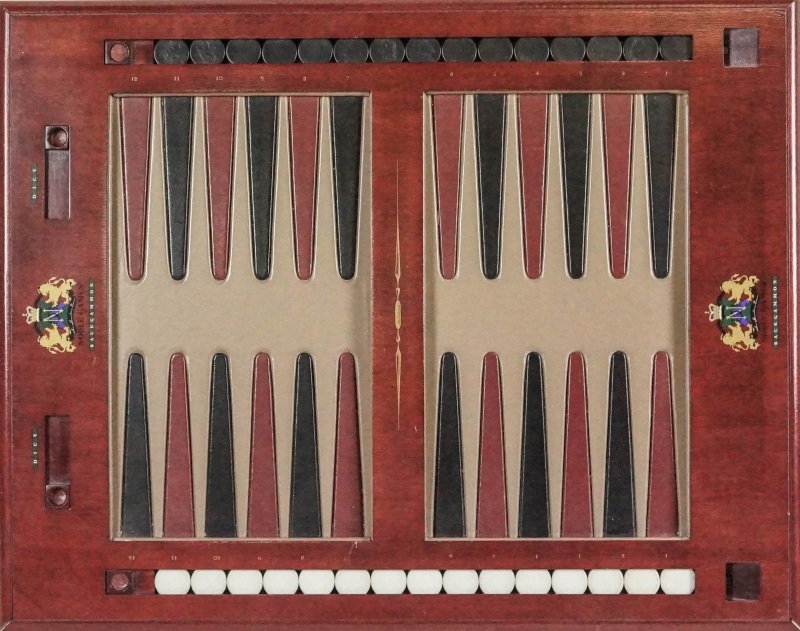 RARE MAHOGANY & LEATHER TABLE TOP BACKGAMMON: RARE MAHOGANY & LEATHER TABLE TOP BACKGAMMON BY DAVID RIPLEY/NOBLE GAMES. Height: 1 in. by Width: 24 in. by Depth: 19 in.