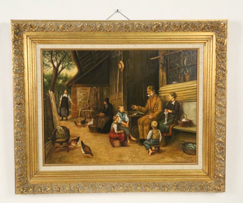 MICHAEL PEARSON "VILLAGE SCENE" OIL ON CANVAS: MICHAEL PEARSON "VILLAGE SCENE" OIL ON CANVAS. Height: 27 & 17 1/2 in. by Width: 32 & 23 in.