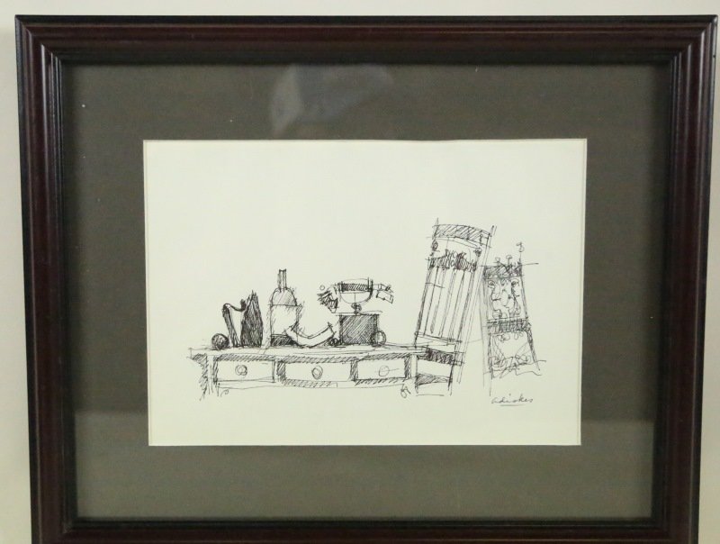 DAVID ADICKES STILL LIFE INK DRAWING, 1964: DAVID ADICKES STILL LIFE INK DRAWING, 1964. Height: 13 & 10 in. by Width: 16 & 7 in.