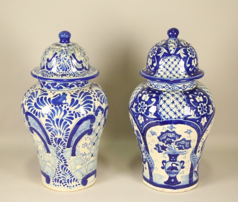 PAIR OF BLUE & WHITE ITALIAN MAJOLICA LIDDED URNS (1 of 3)