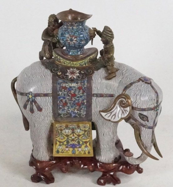 ANTIQUE ASIAN CLOISONNE ELEPHANT ON A WOODEN BASE (1 of 8)