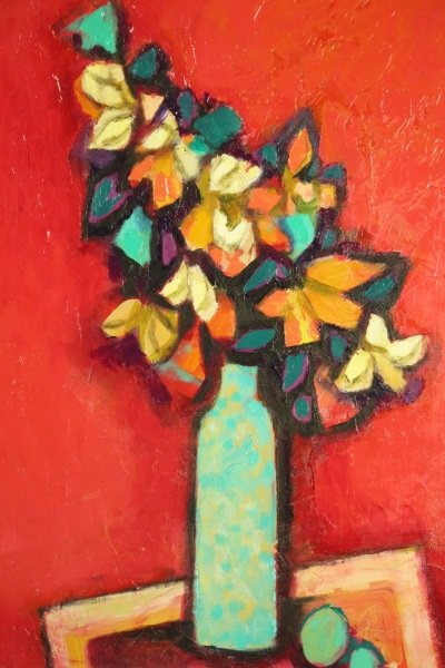DAVID ADICKES "BOUQUET IN RED ROOM" ORIGINAL ACRY.: DAVID ADICKES "BOUQUET IN RED ROOM" ORIGINAL ACRYLIC ON PANEL. Height: 29 & 23 in. by Width: 22 & 17 in.