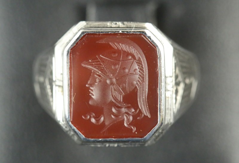 "14KT" WHITE GOLD CARVED CARNELIAN ITALIAN RING (1 of 2)