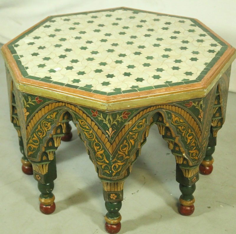 MOROCCAN CARVED, PAINTED TILED TOP COFFEE TABLE (1 of 3)