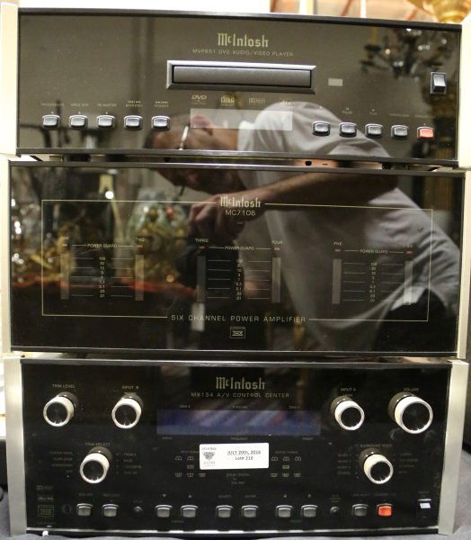 THREE-PIECE MCINTOSH HOME THEATER SYSTEM: THREE-PIECE MCINTOSH HOME THEATER SYSTEM. 1. MX134 A/V CONTROL CENTER.2. MVP851 DVD AUDIO/VIDEO PLAYER.3. MC7106 SIX CHANNEL POWER AMPLIFIER.