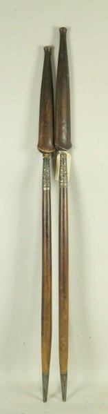 PAIR OF WOODEN SPEARS: PAIR OF WOODEN SPEARS Height: 41 in. by Width: 2 1/2 in. by Depth: 1 in.