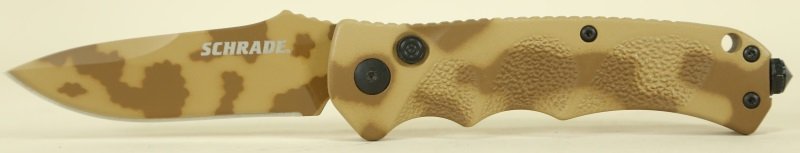 SCHRADE PUSH BUTTON DESERT CAMO KNIFE.: SCHRADE PUSH FLIP DESERT CAMO KNIFE. 3 INCH BLADE