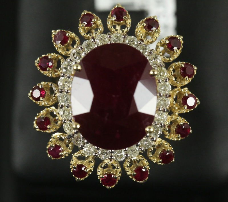 14KT GOLD 14.94CT RUBY & 0.85CT DIAMOND RING (1 of 5)