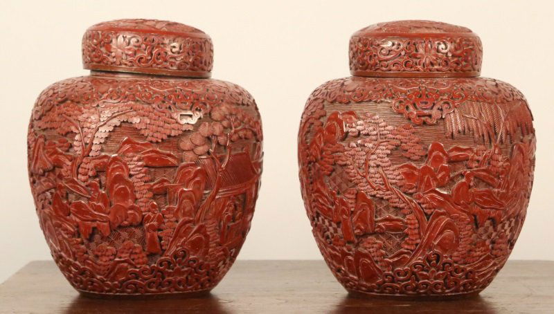 PAIR OF 19th CENTURY CHINESE CINNABAR LIDDED VASES (1 of 3)