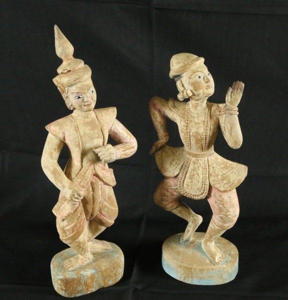 PAIR OF WOOD CARVED THAI DANCER FIGURES (1 of 4)