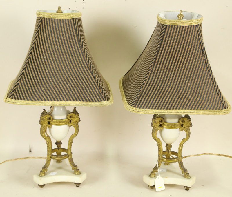 PAIR OF ANTIQUE MARBLE URN LAMPS WITH RAM & HOOF BASE (1 of 2)