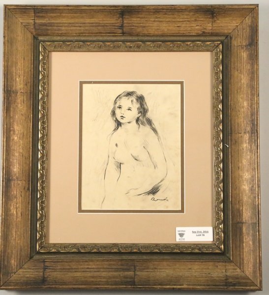 ATTRIBUTED TO PIERRE-RENOIR "ETUDE POUR UNE BAIGNE: ATTRIBUTED TO PIERRE-RENOIR "ETUDE POUR UNE BAIGNEUSE" STUDY FOR A WOMAN BATHING, CHARCOAL ON PAPER. SIGNED "RENOIR" LOWER RIGHT. Height: 20 & 9 in. by Width: 18 & 7 in.