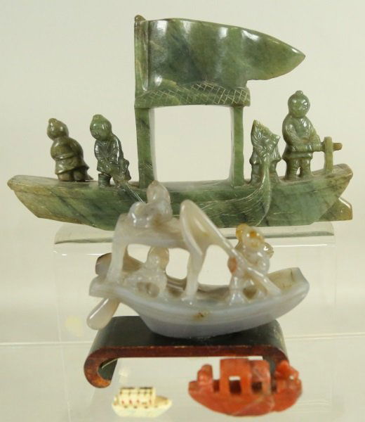 MIXED LOT OF FOUR CARVED JADE & CORAL CHINESE FIGURES (1 of 2)