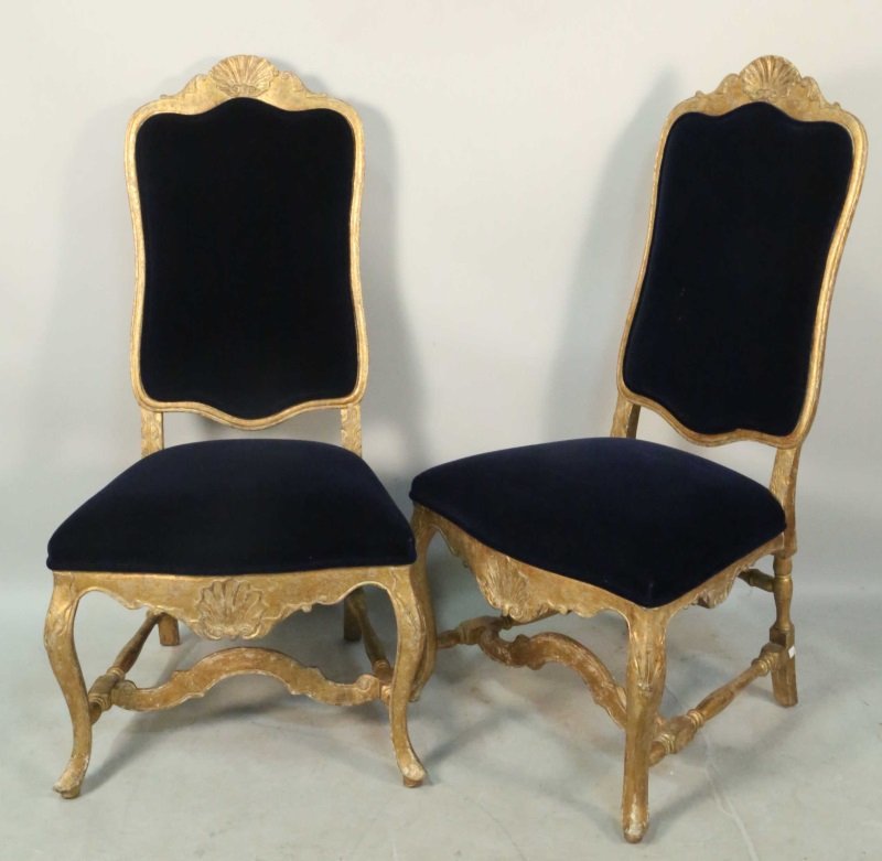 PAIR OF GILT HIGH BACK SIDE CHAIRS WITH CARVING (1 of 3)