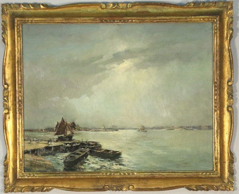 19th C. EUGENE BOUDIN HARBOR SCENE OIL PAINTING (1 of 3)