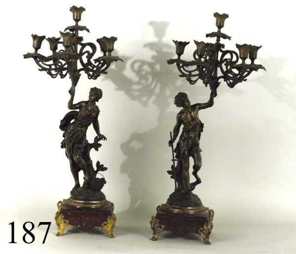 PAIR OF 19TH CENTURY BRONZE CANDELABRAS ON MARBLE: PAIR OF 19TH CENTURY BRONZE CANDELABRAS ON MARBLE VASES, RETOUR DE VENDANG BY CHARLES LEVY, 13"x13"x29 Measurements: 13"x13"x29