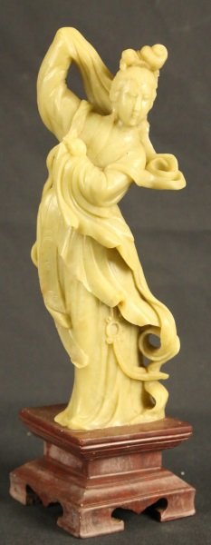 CARVED CHINESE SOAPSTONE FEMALE FIGURE: CARVED CHINESE SOAPSTONE FEMALE FIGURE. Height: 12 in. by Width: 4 in. by Depth: 3 1/2 in.
