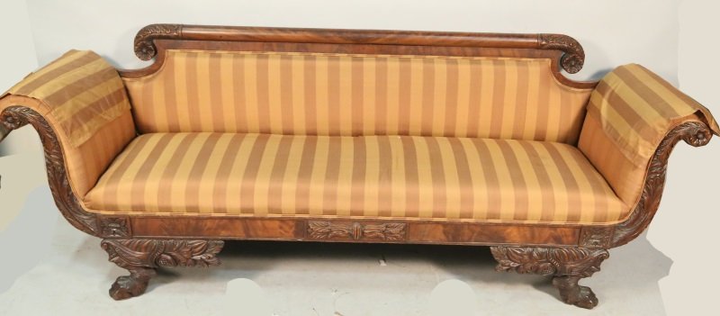 AMERICAN STYLE DUNCAN PHYFE MAHOGANY SOFA: AMERICAN STYLE DUNCAN PHYFE MAHOGANY SOFA CIRCA 1840'S WITH SILK UPHOLSTERY. Height: 30 in. by Width: 92 in. by Depth: 25 in.