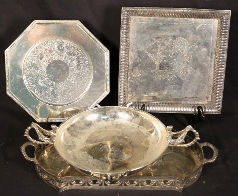 FOUR PIECE SILVER PLATED BOWL & TRAYS (1 of 2)