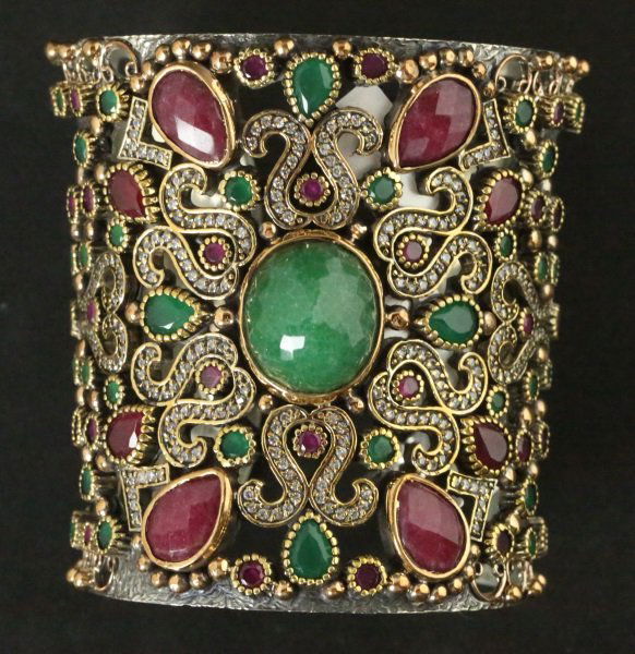 GOLD WASH OVER S. S. RUBY & EMERALD CUFF BRACELET (1 of 4)