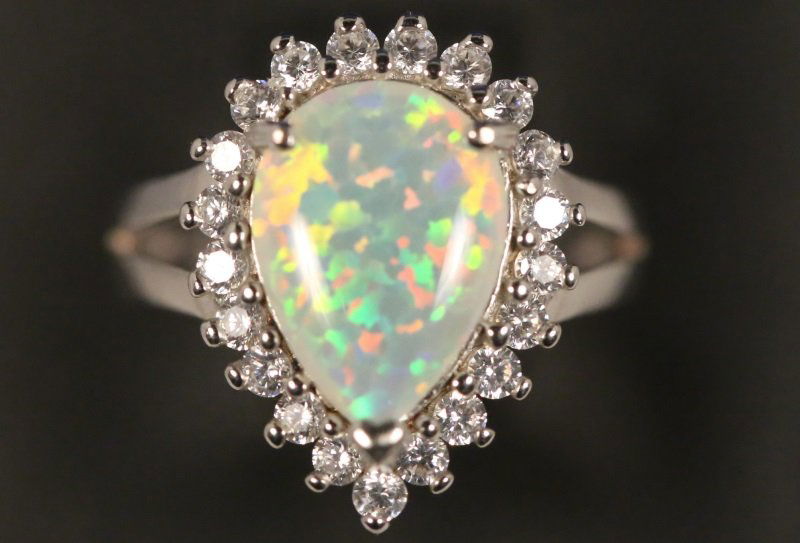 LADIES OPAL & WHITE TOPAZ STERLING SILVER RING (1 of 3)