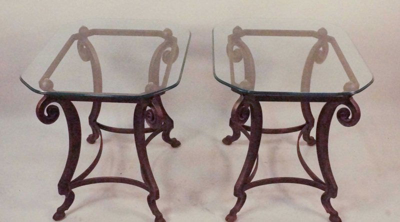 PAIR OF GLASS TOP CAST METAL BASE SIDE TABLES (1 of 4)