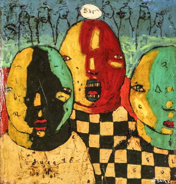 MICHAEL BANKS "TRIO OF EGGHEADS": MICHAEL BANKS "TRIO OF EGGHEADS". Height: 25 in. by Width: 24 in.